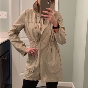 Aqua rain jacket with gold hardware